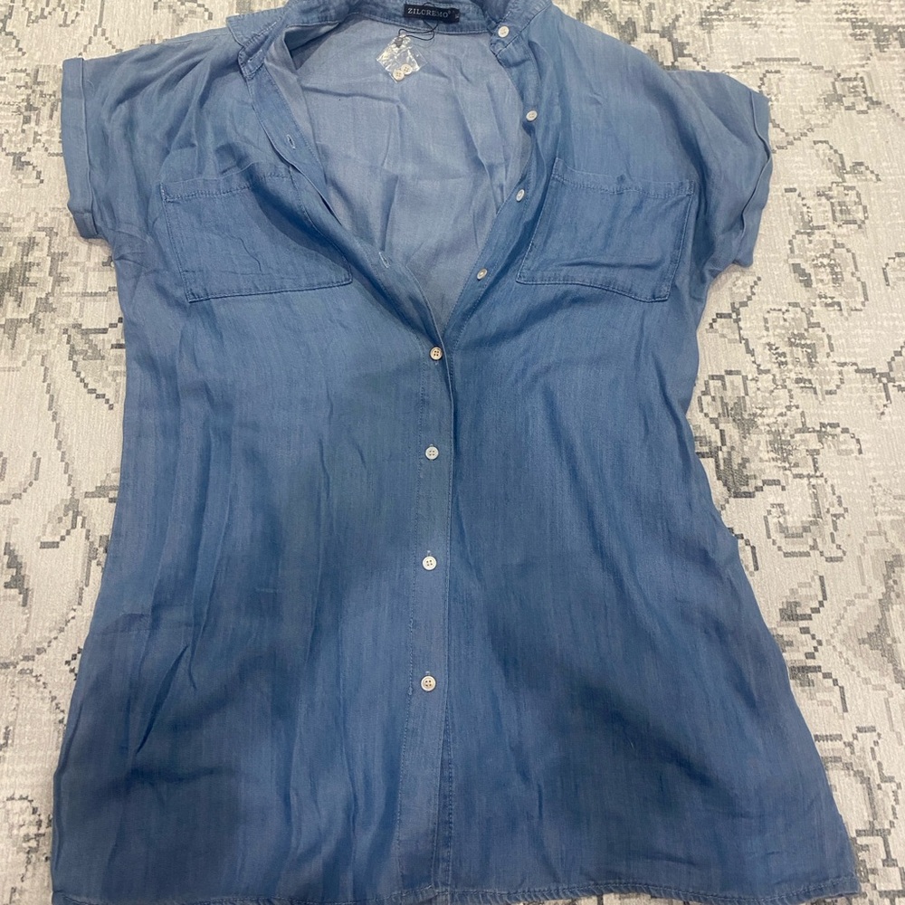Casual Denim Blue Button-Down Shirt for Women
